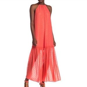 Trina Turk Coverdale Coral Metallic Flowy Sheer Summer Maxi Dress Size Large
